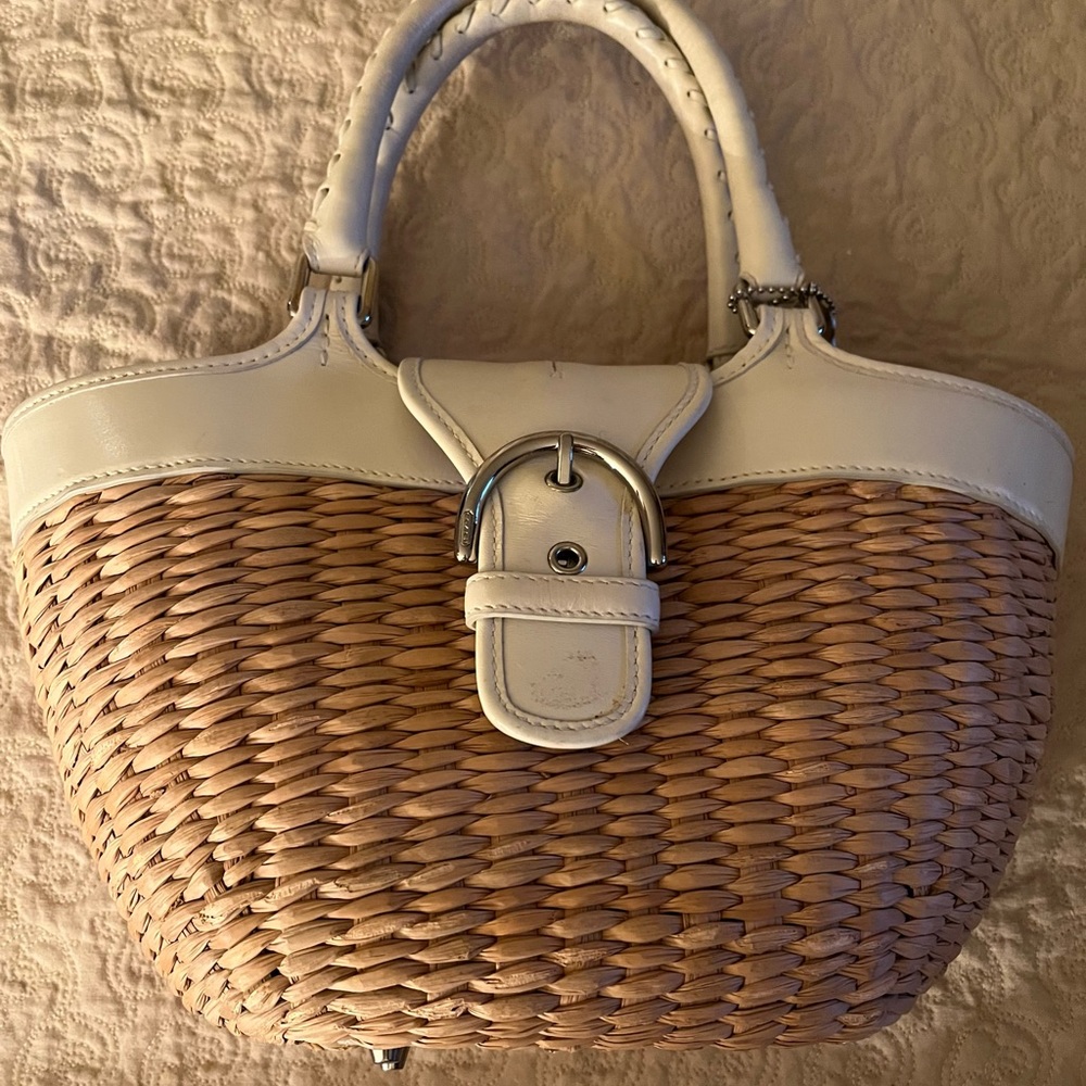 COPY - Vintage Coach straw and white leather handbag.